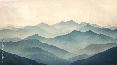 A calming mountain landscape print on canvas with muted tones, perfect for a serene and natural home decor setting