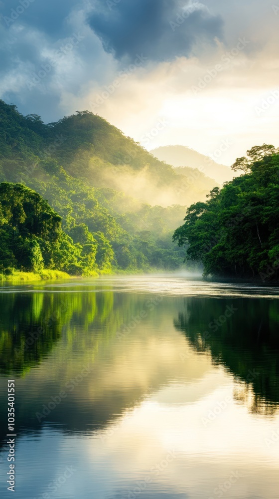 A serene river flows through lush mountains, reflecting the vibrant greenery and the soft glow of dawn under a dramatic sky.