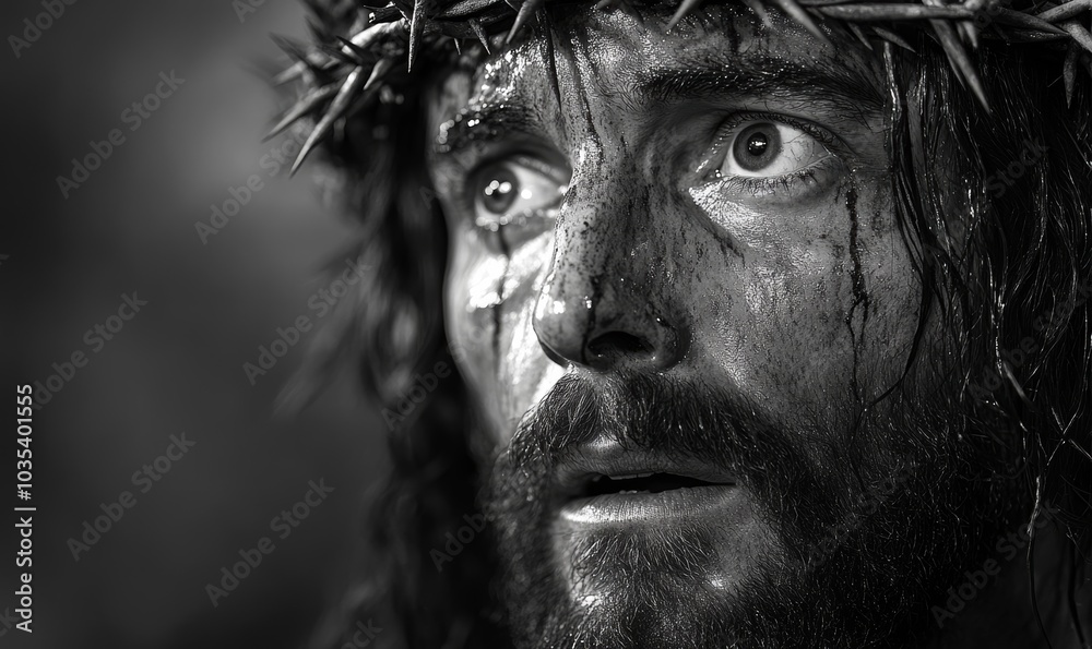 Jesus Christ with crown of thorns on his head, black and white, Generative AI Jesus Christ with crown of thorns on his head, black and white, Generative AI