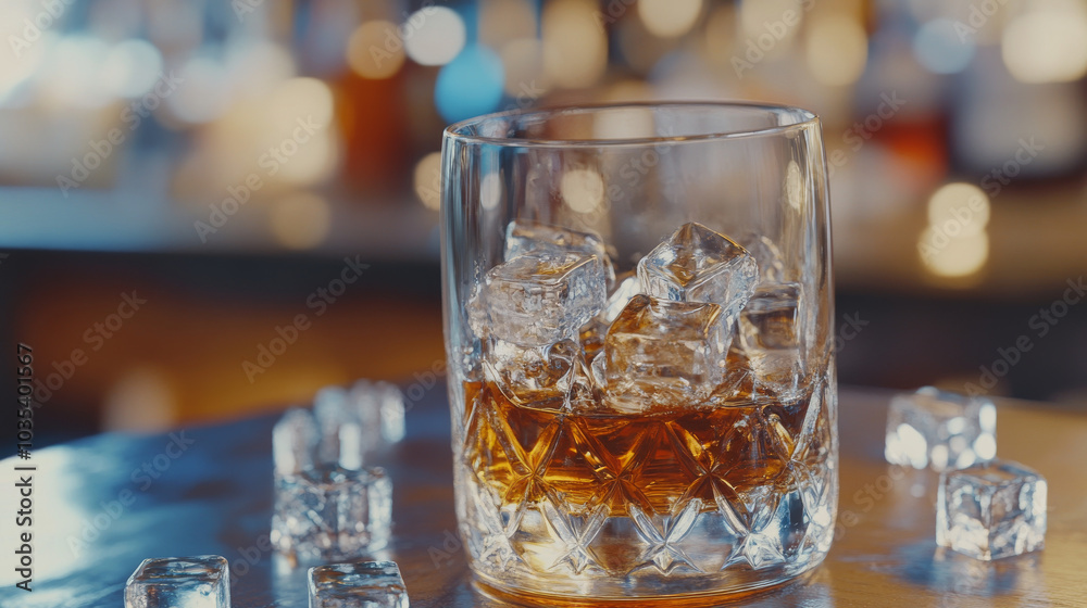 A glass of strong alcoholic drink, such as whiskey, served with ice cubes on a wooden bar counter. The glass contains a chilled, amber-colored drink, with the ice adding a touch of refreshment. The sc