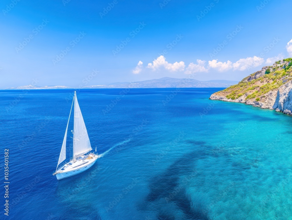 A serene sailing scene with a white yacht gliding through crystal-clear turquoise waters under a bright blue sky. A serene sailing scene with a white yacht gliding through crystal-clear turquoise waters under a bright blue sky.