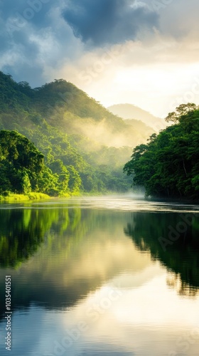 Obraz na płótnie A serene river flows through lush mountains, reflecting the vibrant greenery and the soft glow of dawn under a dramatic sky. w salonie