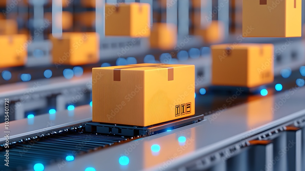 Automated conveyor system with orange shipping boxes Automated conveyor system with orange shipping boxes