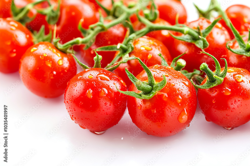 Freshly harvested cherry tomatoes with water droplets on a white background, showcasing their vibrant color and freshness. Generative AI Freshly harvested cherry tomatoes with water droplets on a white background, showcasing their vibrant color and freshness. Generative AI