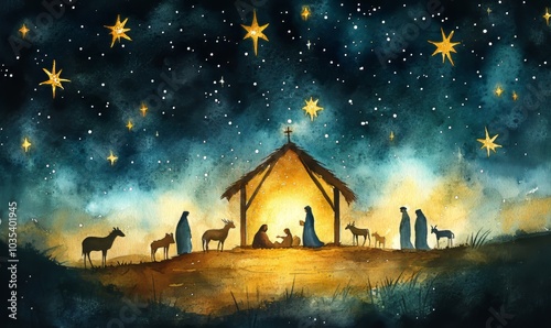 Watercolor illustration of Christmas Nativity Scene, Generative AI photo