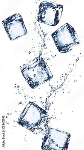 Ice cubes with water splash and drops. Cold mineral water, natural aqua or cocktail drink realistic vector splashes or frozen motion ripples with ice cubes. Refreshing beverage, soda isolated fizz