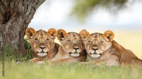 Three lions lie peacefully together under a tree, showcasing their tranquil bond in a natural setting.