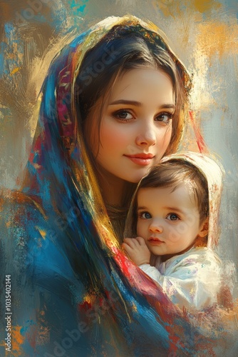 Portrait of Mary with baby Jesus in the church. Digital painting, Generative AI