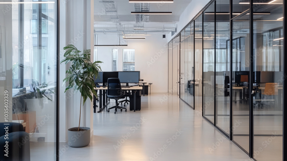 A contemporary workspace featuring a sleek, minimalist design. The office highlights clean lines and an open layout, utilizing glass partitions to enhance the feeling of space and transparency.
A contemporary workspace featuring a sleek, minimalist design. The office highlights clean lines and an open layout, utilizing glass partitions to enhance the feeling of space and transparency.