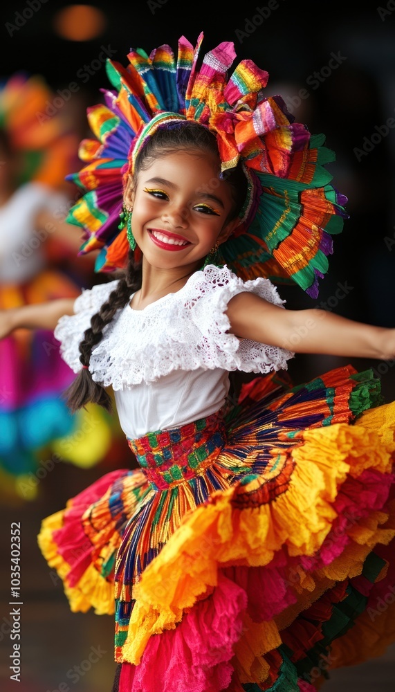 Fototapeta premium A joyful young girl dances in vibrant traditional dress, showcasing colorful ruffles and a decorative headdress, embodying cultural celebration and happiness.