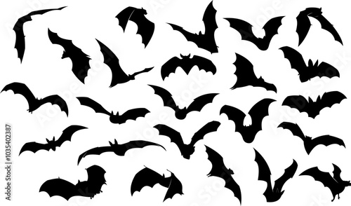 Halloween Black Bat Silhouettes Flying. Vector Hand Drawn Collection Set Isolated On Transparent Background