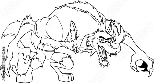 Outlined Scary Wolfman Werewolf Cartoon Character. Vector Hand Drawn Illustration Isolated On Transparent Background