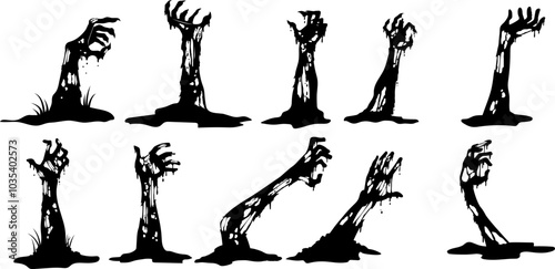 Halloween Zombie Hands Black Silhouettes. Vector Hand Drawn Collection Set Isolated On Transparent Background