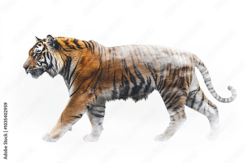 Obraz premium A majestic tiger walking gracefully through a misty forest at dawn's gentle light
