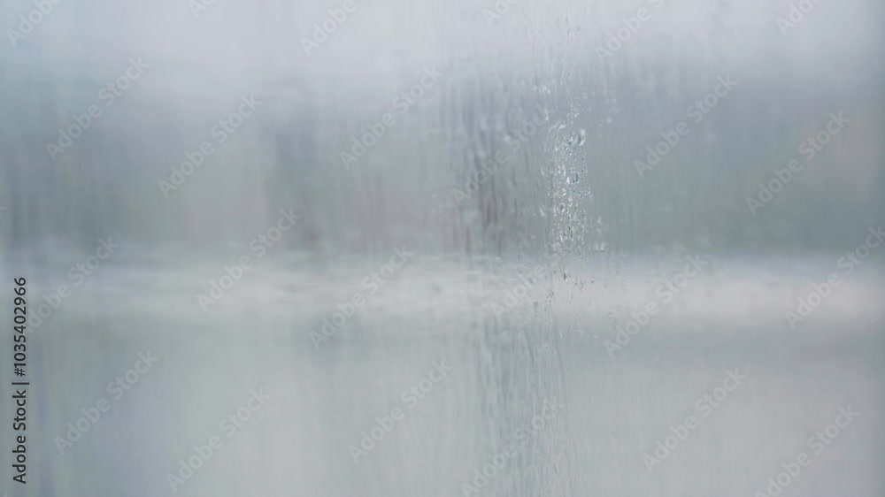 Moody view of raindrop patterns on glass window surface, change focus area