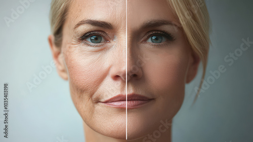 A middle-aged woman's face is split in half, showcasing the differences between aging signs and rejuvenated skin following cosmetic procedures. facelift and facial surgery, botox, threads, fillers