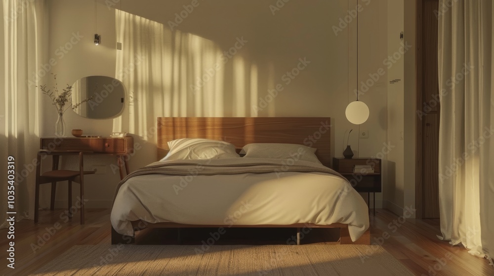 A minimalist Scandinavian bedroom with a double bed, a sleek headboard A minimalist Scandinavian bedroom with a double bed, a sleek headboard