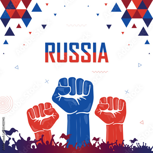 Russia flag color combination patriot banner, raised fist, human hands, crowd of people cheering, victory celebration, geometric abstract background design, strike, parade, riot, protest or rally photo