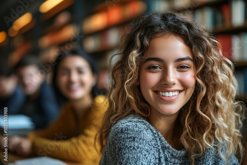 Group of happy students in university library, Generative AI