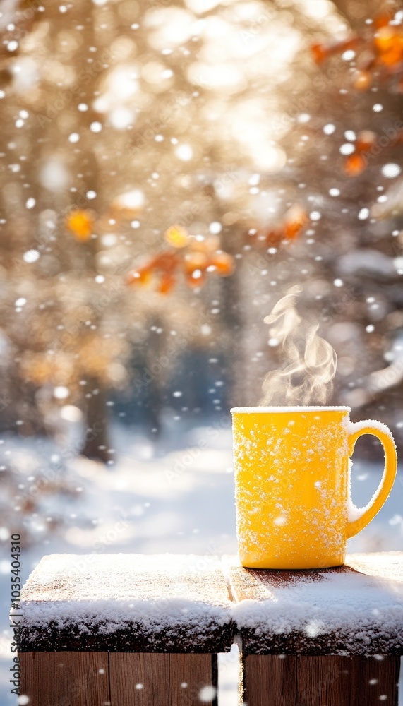 Steaming Yellow Mug on Snowy Railing, Winter Wonderland Background, Cozy Winter Day, Warm Drink Steaming Yellow Mug on Snowy Railing, Winter Wonderland Background, Cozy Winter Day, Warm Drink