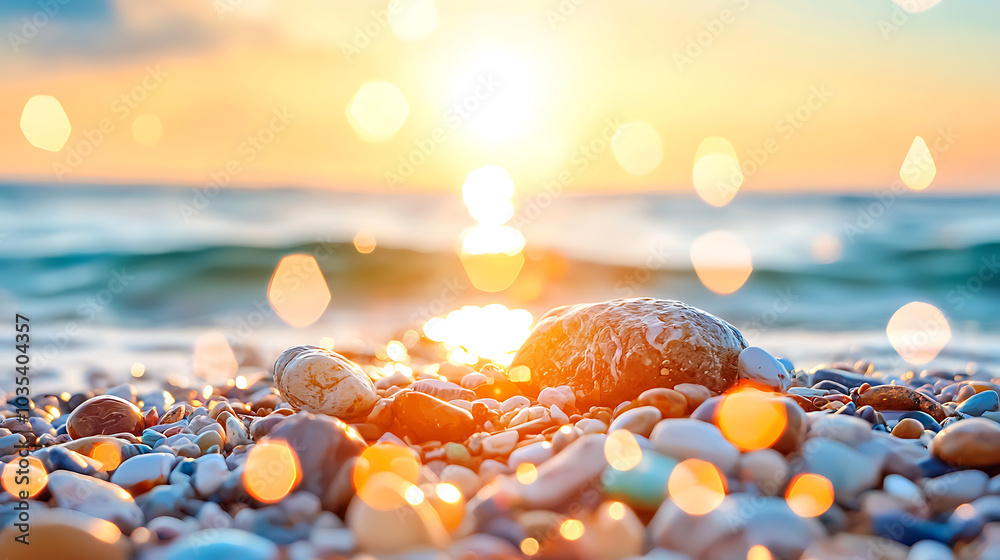 Obraz premium serene beach scene featuring smooth pebbles and shells on shore, illuminated by warm glow of sunset. gentle waves create tranquil atmosphere, enhancing beauty of nature