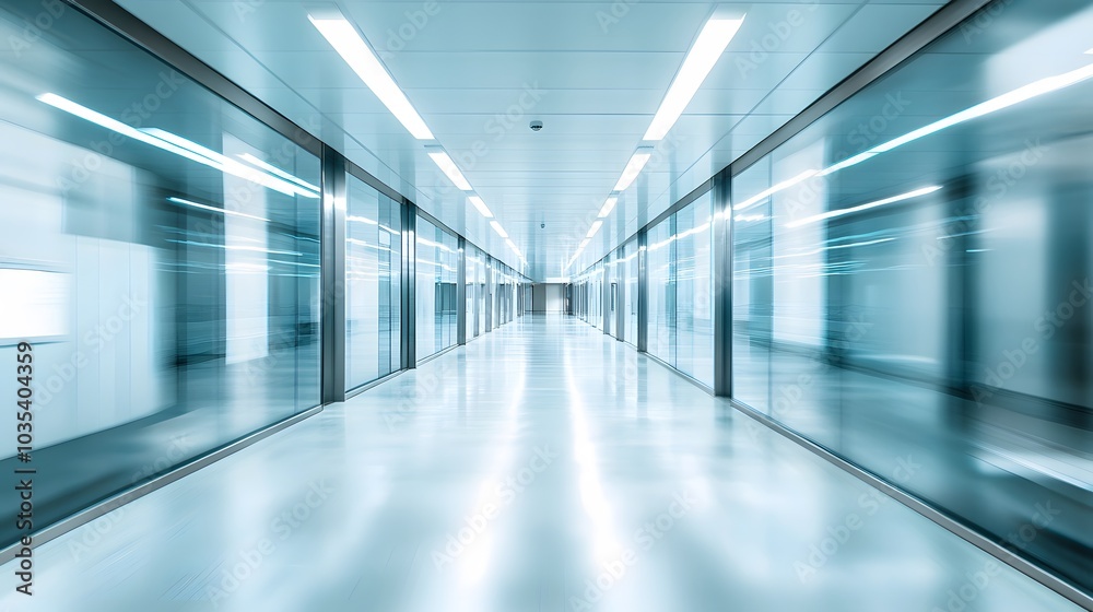 abstract defocused blurred technology space background, empty business corridor or shopping mall. Medical and hospital corridor defocused background with modern laboratory . 