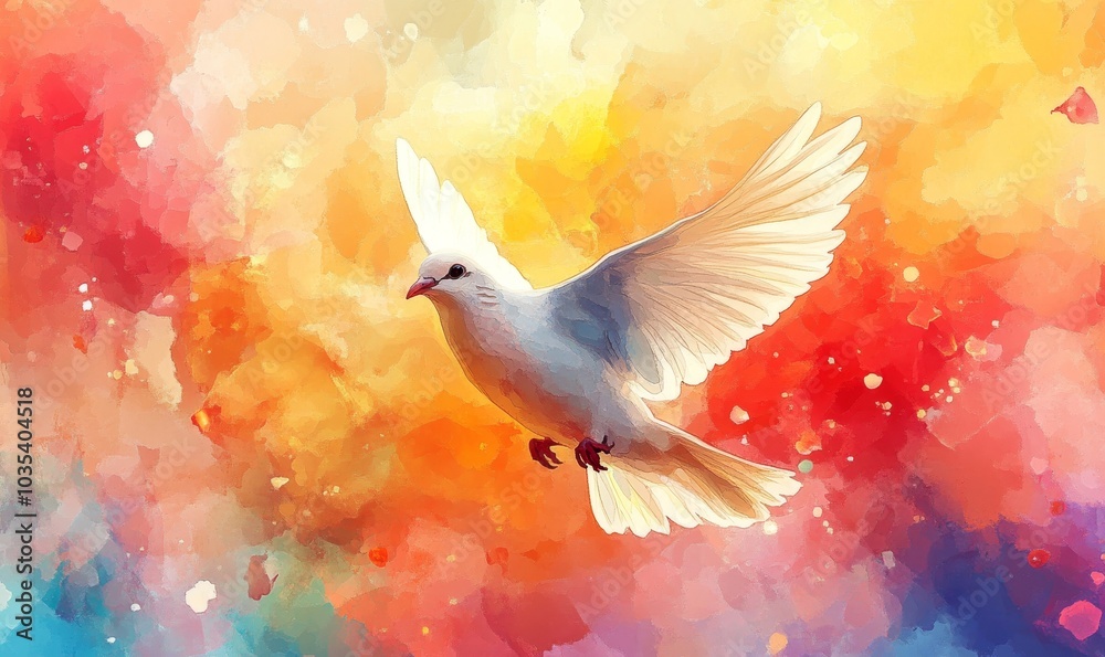 Obraz premium Holy Spirit. Dove on abstract colorful watercolor background. Digital art painting. Illustration, Generative AI