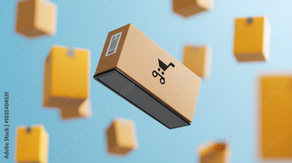 Shopping Cart Symbol on Cardboard Box with Blurred Background of Other Boxes Shopping Cart Symbol on Cardboard Box with Blurred Background of Other Boxes