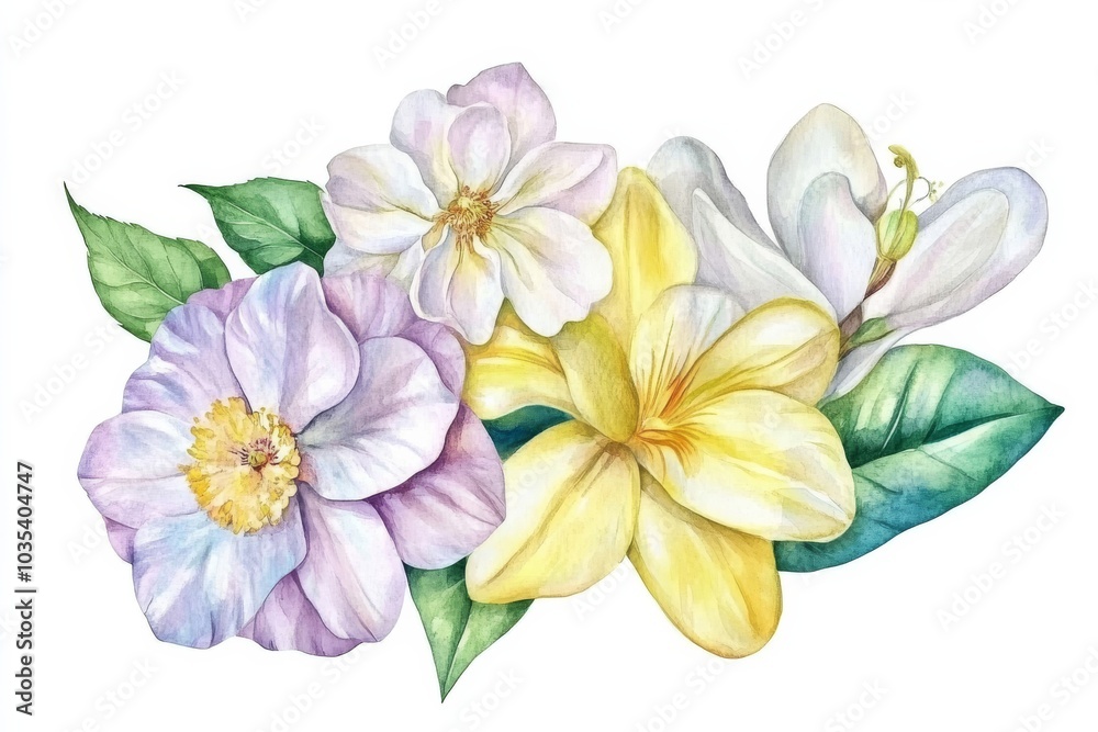Obraz premium Watercolor Bouquet of White, Yellow and Purple Flowers with Green Leaves, watercolor, floral , botanical