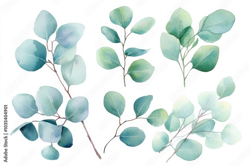 Obraz premium Watercolor Eucalyptus Leaves Illustration, botanical, floral art, greenery ,greenery ,watercolor