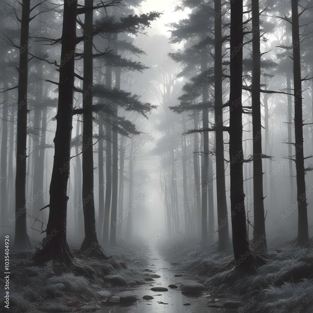 Illustration of dark forest with fog. Illustration of dark forest with fog.