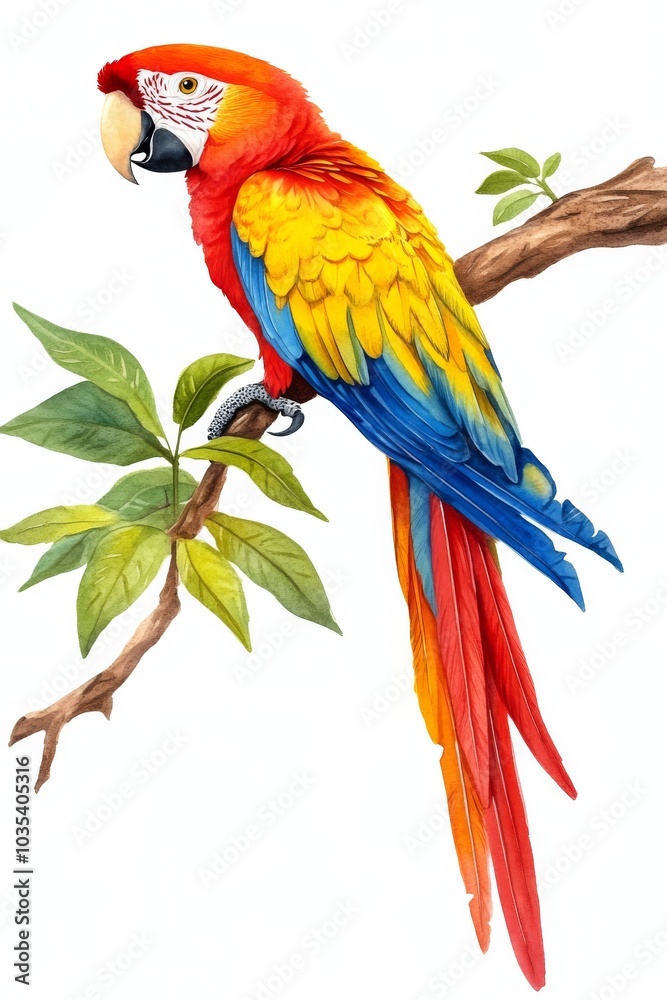Obraz premium Watercolor Illustration of a Red-and-Green Macaw Perched on a Branch, Watercolor, Bird, Parrot