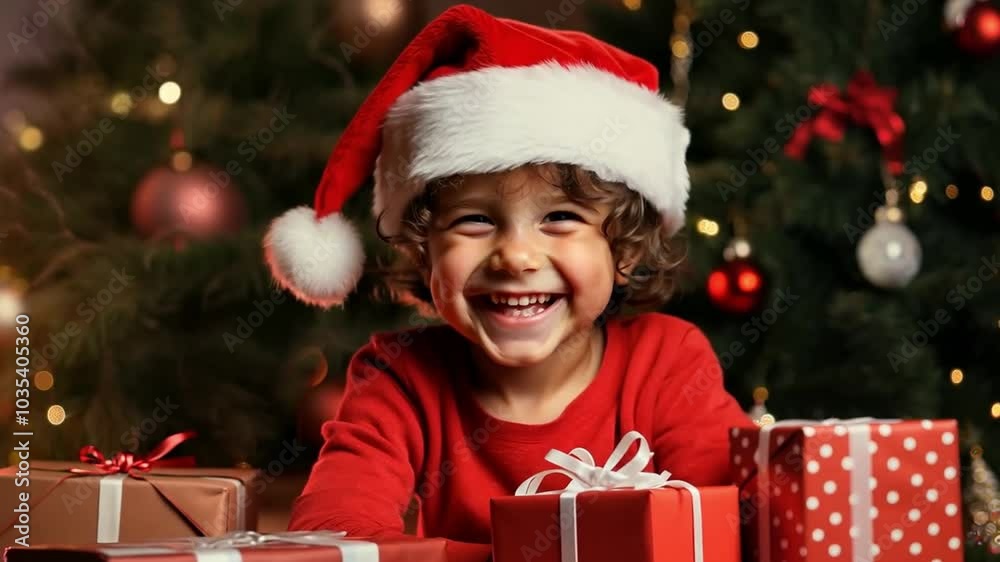 Young boy is lying on the floor wearing a santa hat and smiling surrounded by wrapped christmas presents in front of a decorated christmas tree Young boy is lying on the floor wearing a santa hat and smiling surrounded by wrapped christmas presents in front of a decorated christmas tree