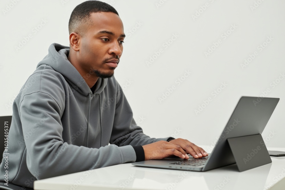 Concentrated young African American male working on laptop in modern office setting, embodying focus and professionalism Concentrated young African American male working on laptop in modern office setting, embodying focus and professionalism