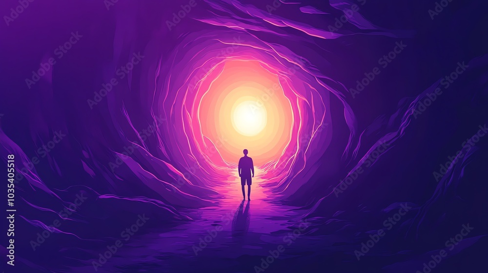 A silhouette in a mystical tunnel, illuminated by a warm, glowing light. A silhouette in a mystical tunnel, illuminated by a warm, glowing light.