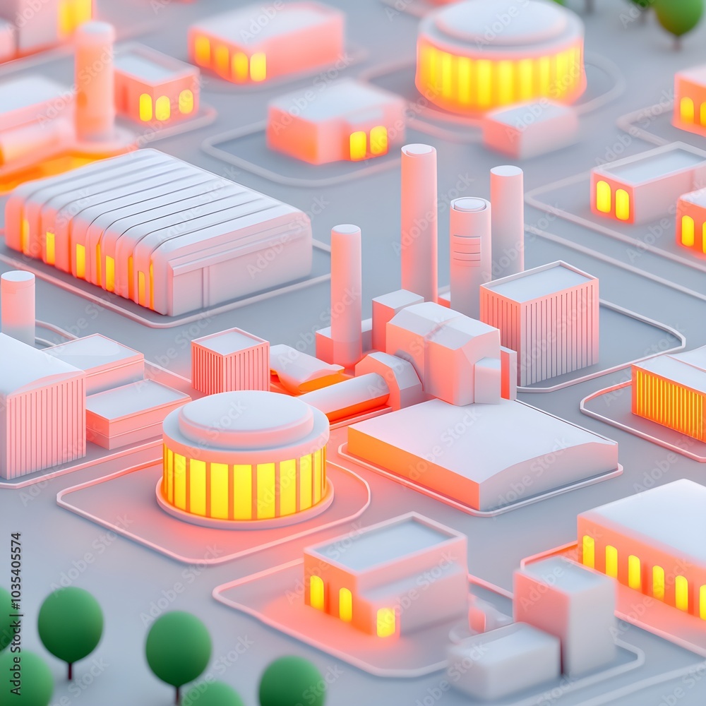 Futuristic industrial complex with glowing elements