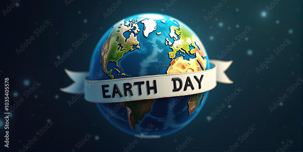 Planet Earth with Earth Day banner, joining the fight against global warming, raising awareness about the health of planet earth Planet Earth with Earth Day banner, joining the fight against global warming, raising awareness about the health of planet earth