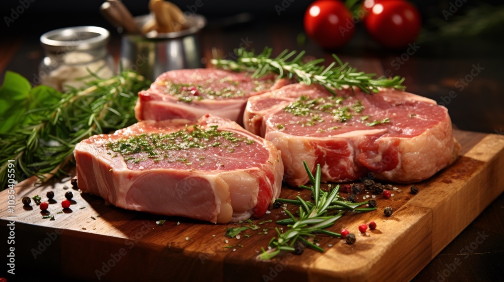 Fresh raw pork chops on a wooden cutting board with herbs and spices Fresh raw pork chops on a wooden cutting board with herbs and spices