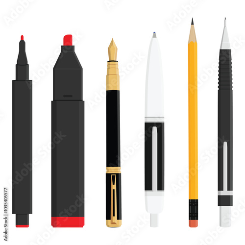 School office supplies, stationery. Highlighter marker, fountain pen, pencil, ballpoint pen and mechanic pencil