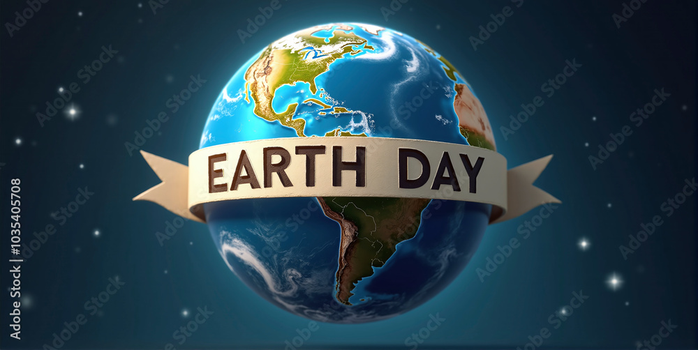 Planet Earth with Earth Day banner, joining the fight against global warming, raising awareness about the health of planet earth Planet Earth with Earth Day banner, joining the fight against global warming, raising awareness about the health of planet earth