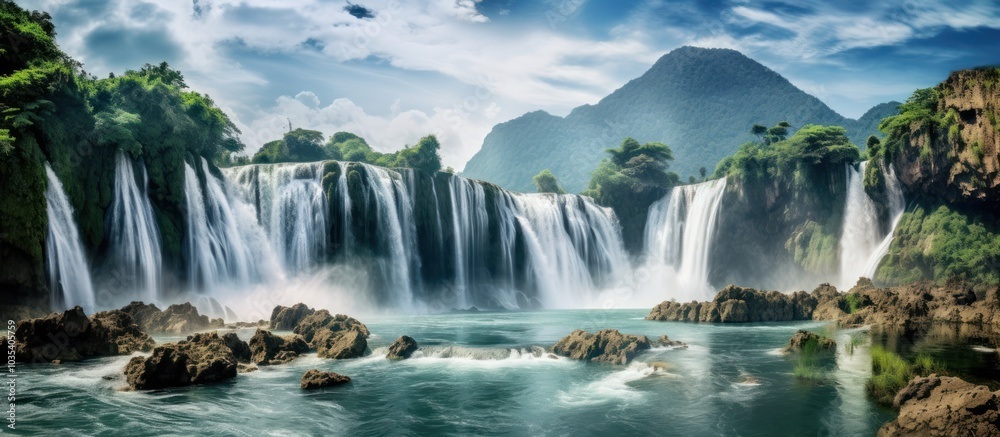 Naklejka premium Majestic Waterfall in a Lush Green Landscape