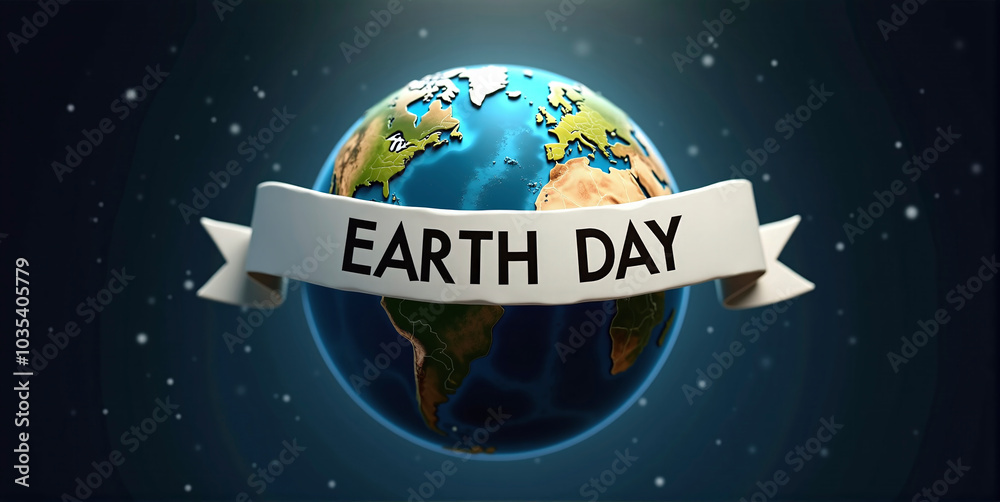 Planet Earth with Earth Day banner, joining the fight against global warming, raising awareness about the health of planet earth Planet Earth with Earth Day banner, joining the fight against global warming, raising awareness about the health of planet earth