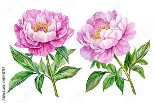 Watercolor Illustration of Two Pink Peonies with Green Leaves, floral , botanical