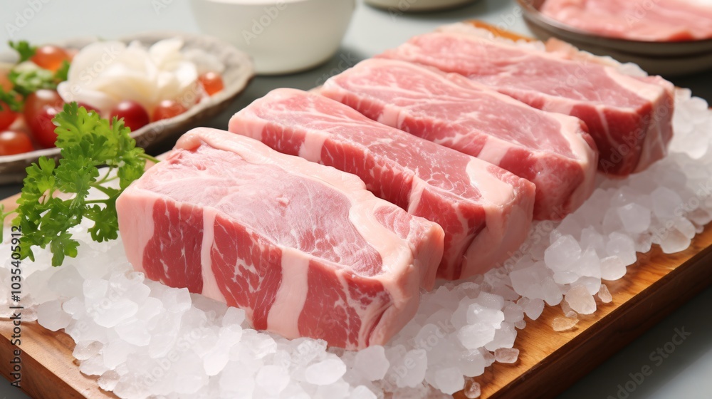 Raw pork belly slices arranged neatly on a marble slab Raw pork belly slices arranged neatly on a marble slab