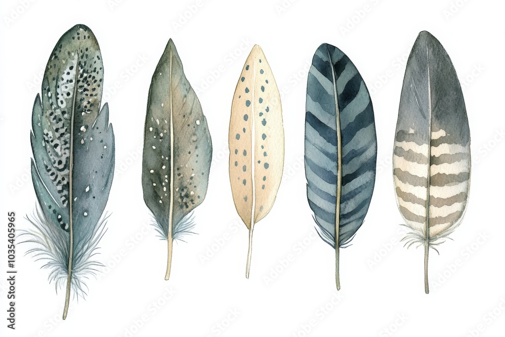 Watercolor Painting of Five Detailed Feathers, Feather, Art Watercolor Painting of Five Detailed Feathers, Feather, Art