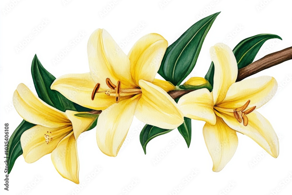 Obraz premium Watercolor Painting of Yellow Lilies with Green Leaves, watercolor , floral art, lily flower, botanical painting, floral illustration