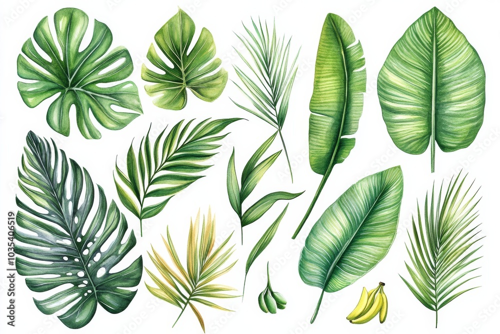 Obraz premium Watercolor Tropical Leaf Collection - Green Botanical Elements, Isolated Jungle Foliage, Palm Leaf, Banana, Watercolor Illustration, Tropical Leaves, Jungle Plants