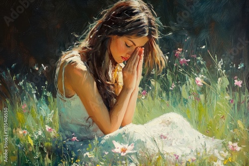Young woman praying on the background of the setting sun, Generative AI