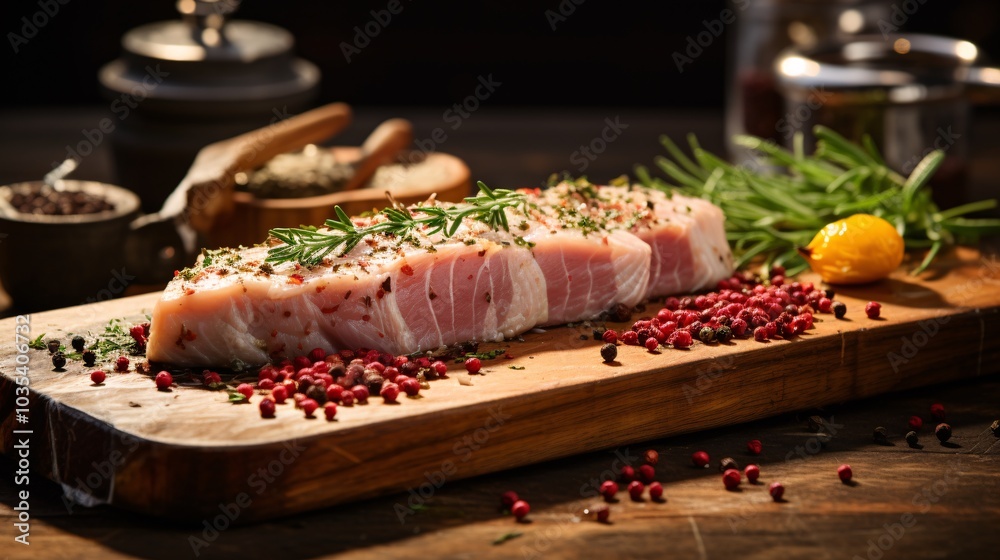 Raw pork fillet with garlic cloves and peppercorns on a rustic board Raw pork fillet with garlic cloves and peppercorns on a rustic board