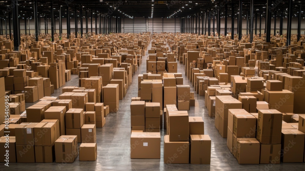 Stacks of cardboard boxes in a large industrial warehouse ready for shipment Stacks of cardboard boxes in a large industrial warehouse ready for shipment
